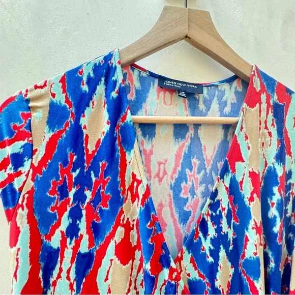 Jones New York Signature || Abstract Crossover Wrap Midi Dress Cap Sleeve Size L - Picture 9 of 9